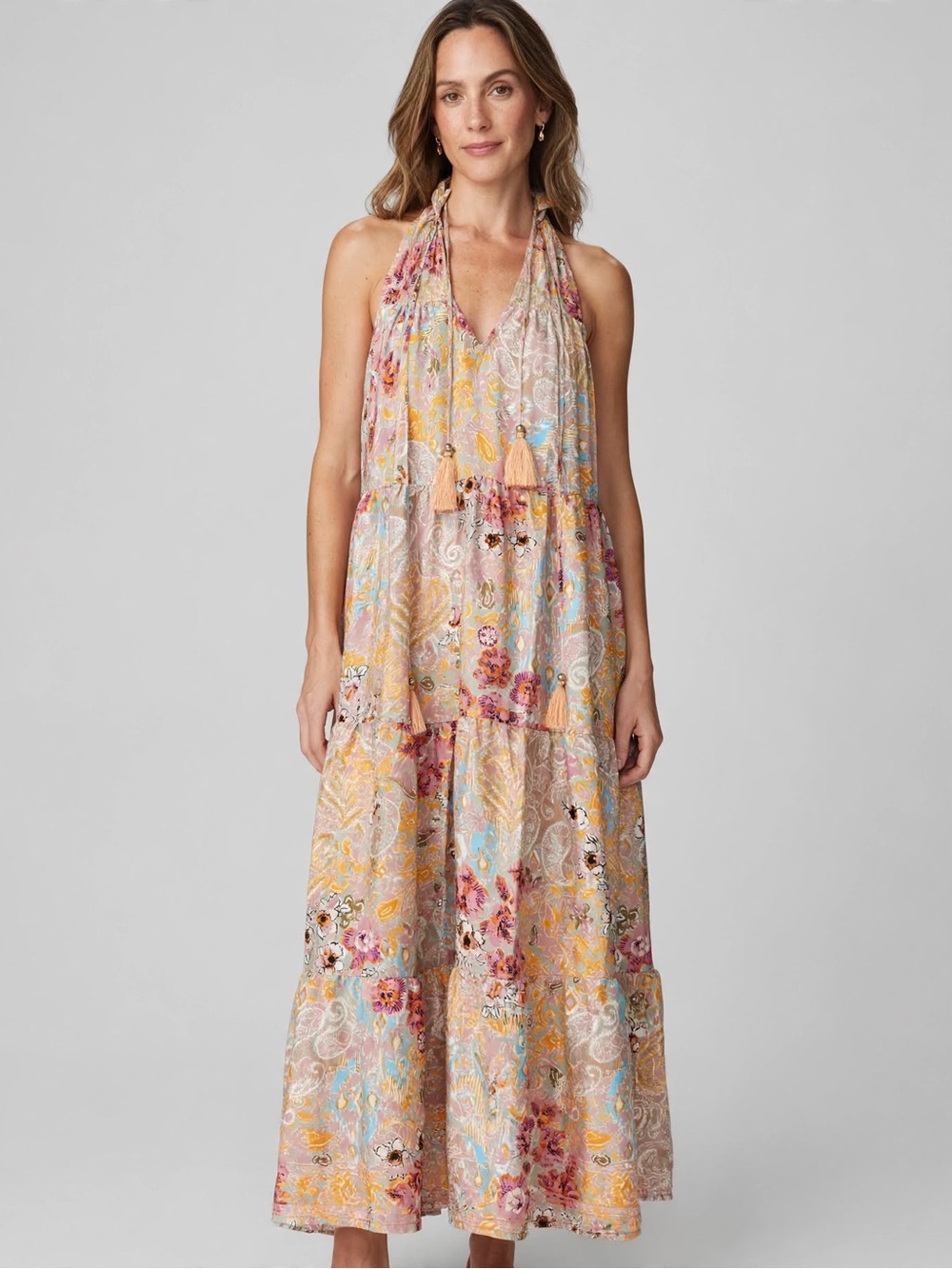 Rhea Boho Halter Tiered Maxi Dress in Pink Floral One Size (fits most)